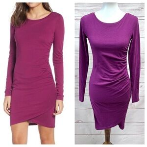 Leith Raspberry Magenta Asymmetrical Side Ruched Long Sleeve Sheath Dress